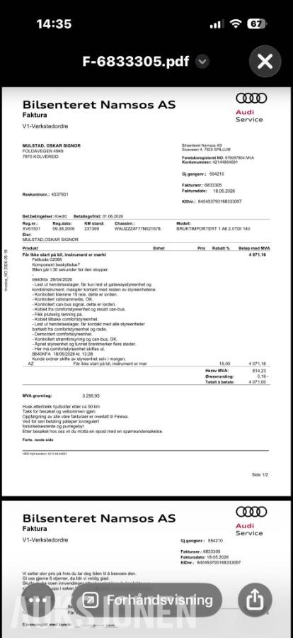 2007 Audi A6 2.0 Diesel, Automat, Skinninteriør, Hengerfeste, Reparasjonsobjekt