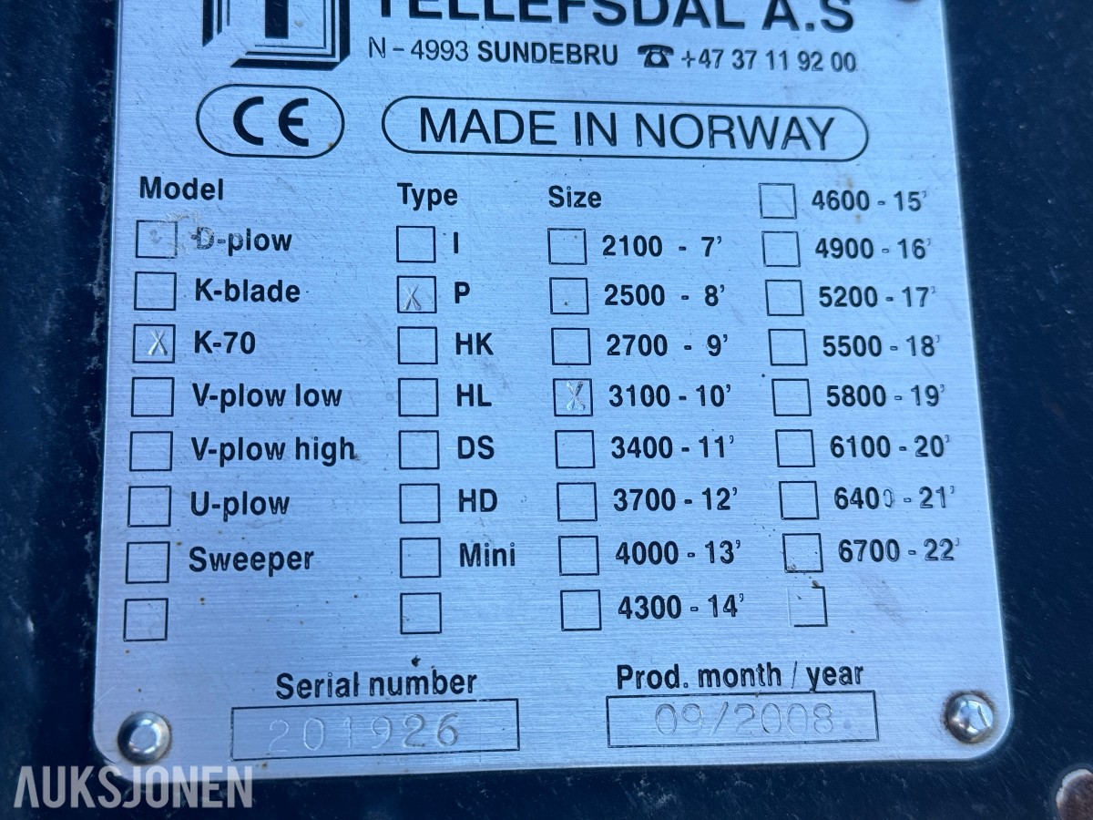 2008 Tellefsdal K-70 plog, 3100mm