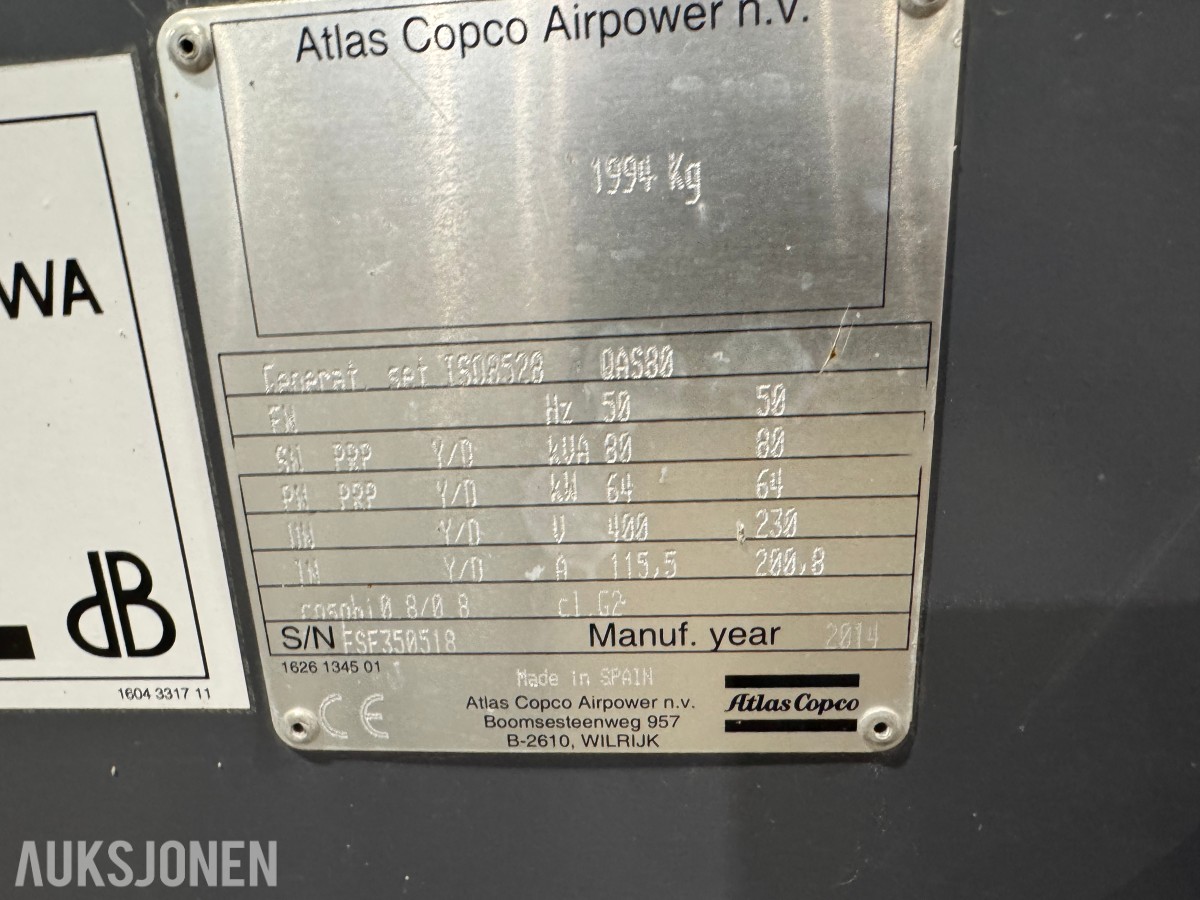 2014 Atlas Copco QAS 80 DIESELAGGREGAT PÅ HENGER