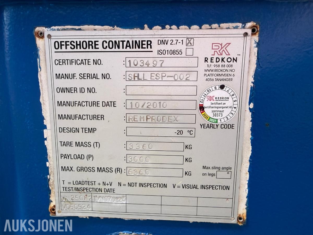 2010 Remprodex offshorecontainer 3000 kg nyttelast - nysertifisert