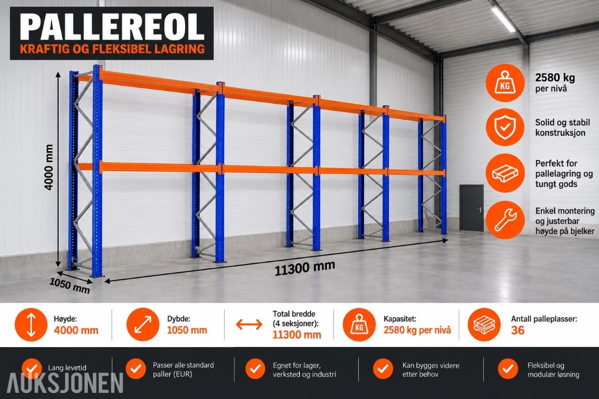 Pallereoler 4 seksjoner på totalt 11,3m lengde