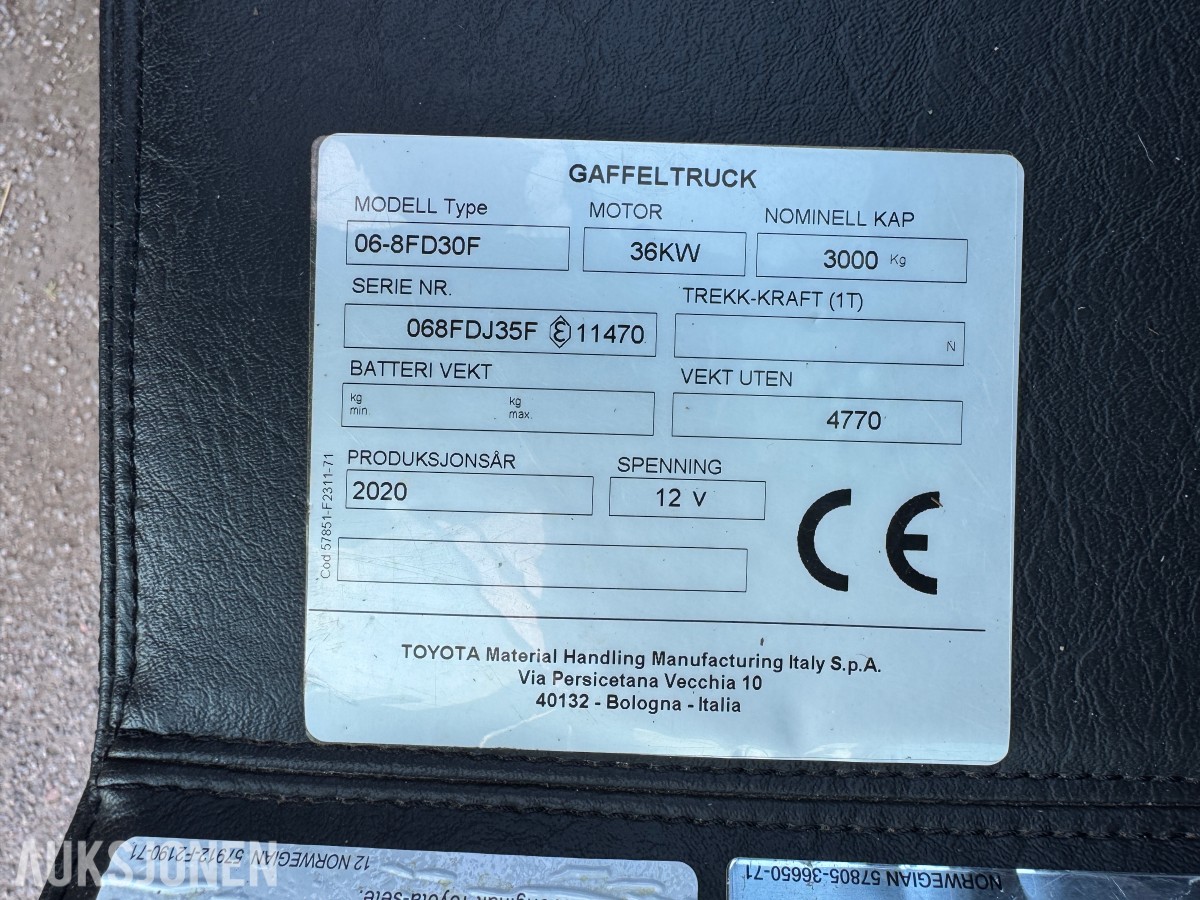 2020 Toyota TONERO 30 06-8FD30F 3T Motvektstruck 4,7M LITE BRUKT
