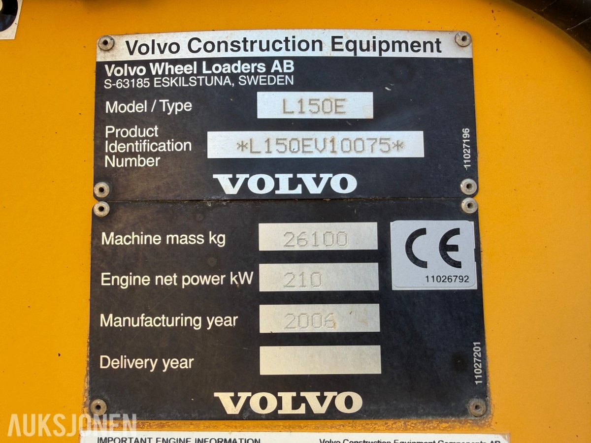 2006 Volvo L150E hjullaster – Sertifisert - 40 891 timer – Tamtron vekt – ryggekamera – hurtigfeste
