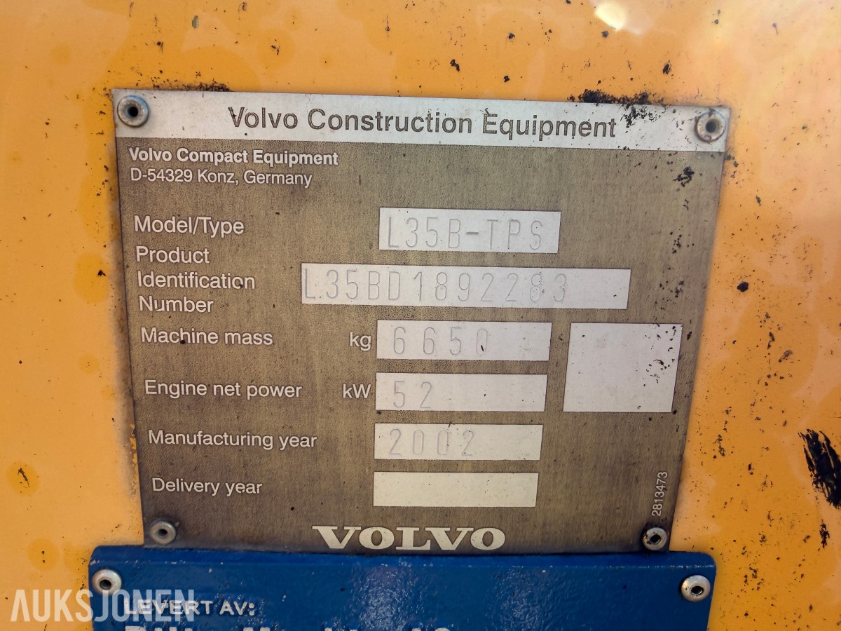 2002 Volvo L35 hjullaster / 15 634 timer / Med skuffe / Sertifisert