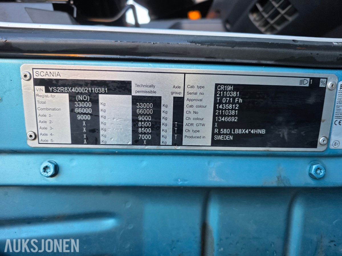 2015 Scania R580 V8 8X4 krokbil 24 T Brøyterigget-retarder