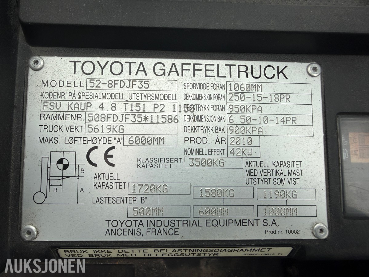 2010 Toyota Tonero 35 Gaffeltruck Høyløft