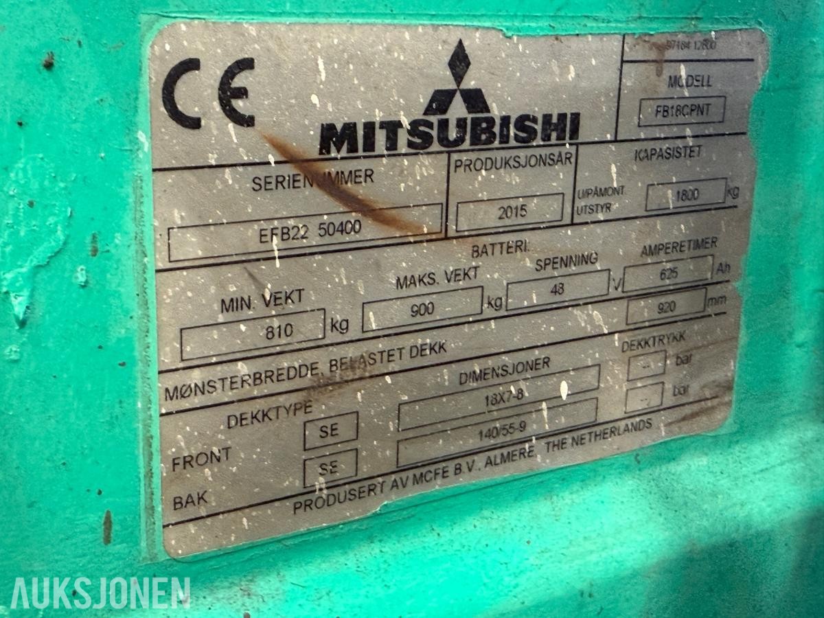 2015 Mitsubishi FB18CPNT Gaffeltruck – 1,8 tonn – gaffelspreder – sideforskyvning