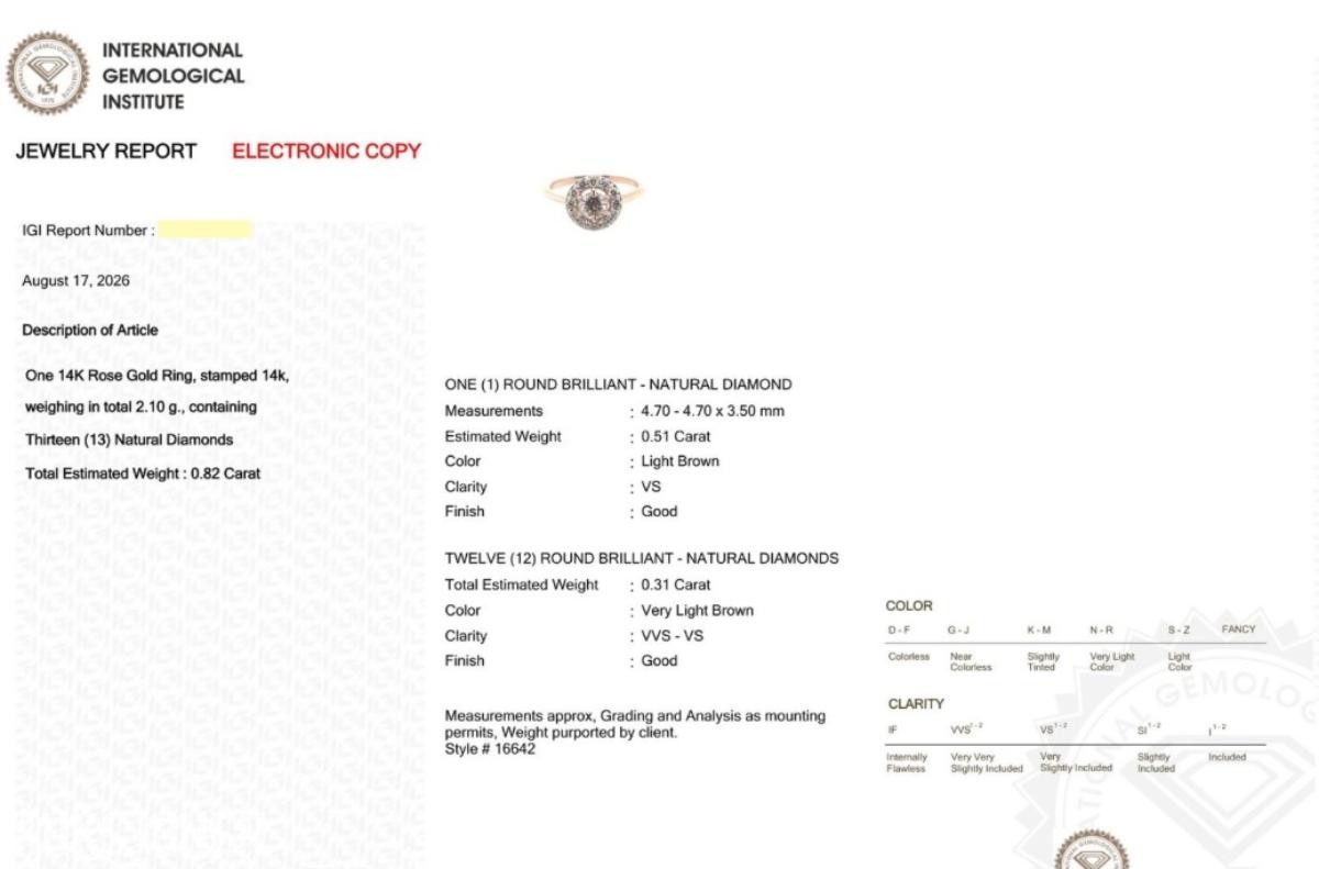 0.82CT DIAMANTRING I 14K GULL. NATURLIGE DIAMANTER! TAKSTBREV OG SERTIFIKAT!