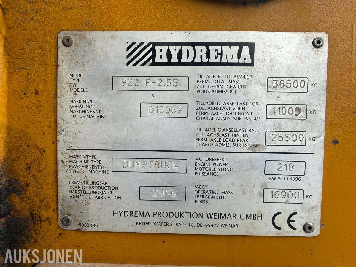 2018 Hydrema 922F dumper - servicehistorikk - årskontrollert og godkjent - ny hytte - 3992timer