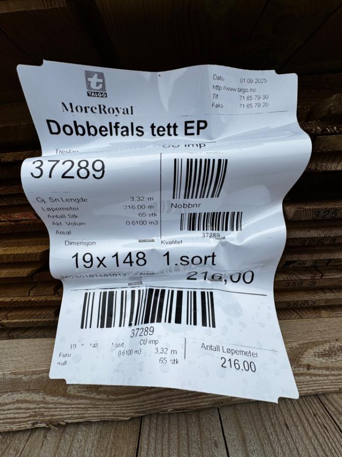 CU impregnert Dobbelfals - Tett- Bordkledning - EP - Furu 19x148 - 1 pakke - Totalt 216 meter