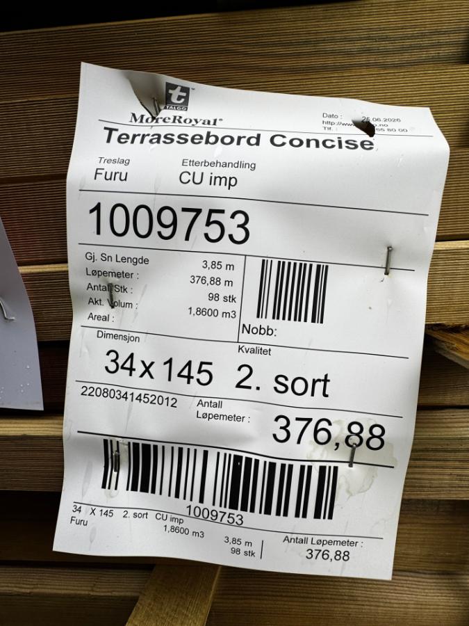 CU impregnert Terrassebord Concise  - Furu 34x145 - 1 pakke - Totalt 376 meter