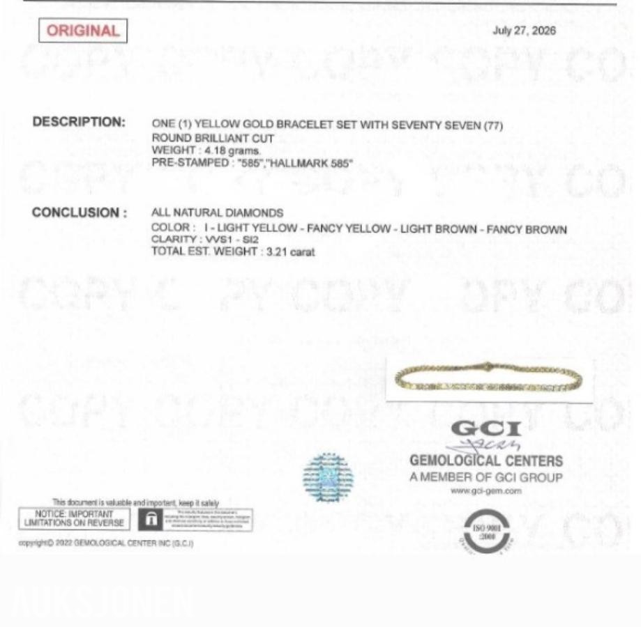 3.21CT DIAMANTARMBÅND I 14K GULL. NATURLIGE DIAMANTER! TAKSTBREV OG SERTIFIKAT!