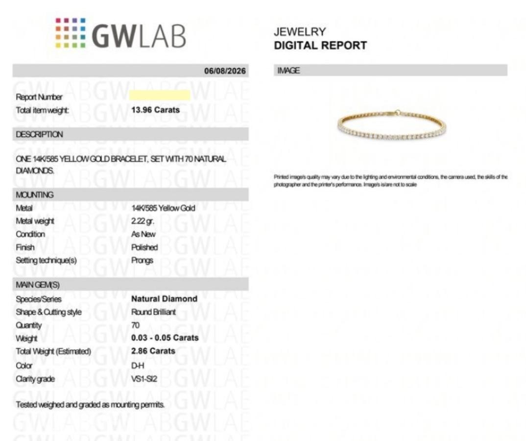 2.86CT DIAMANTARMBÅND I 14K GULL. NATURLIGE DIAMANTER! TAKSTBREV OG SERTIFIKAT!