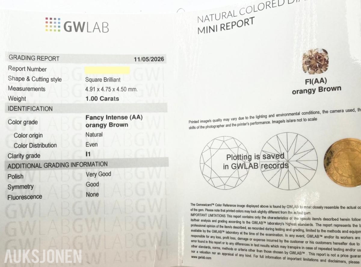 1.00CT LØS PRINCESS DIAMANT. SERTIFIKAT!