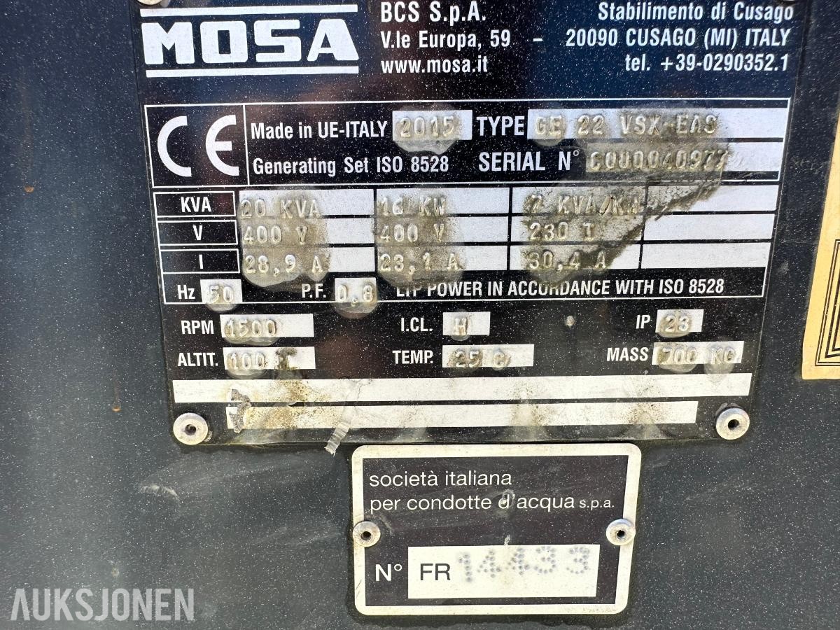 2014 Mosa TF N19 lysmast med aggregat på henger