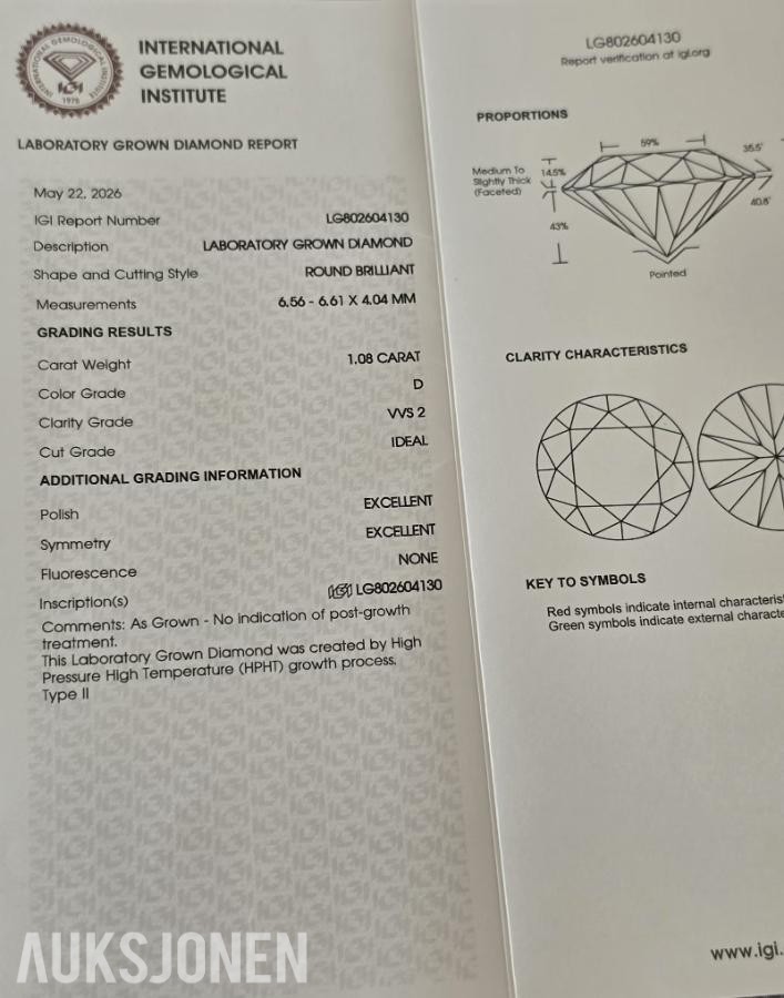 Eksklusivt 1,08 ct IGI-diamantanheng i 14K gult gull (D/VVS2/Excellent)