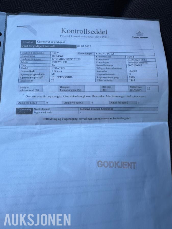 1999 CHRYSLER STRATUS 2.0 BENSIN 133HK KUN 39000KM 1-EIER AUTOMAT