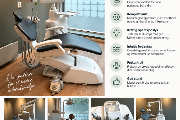Tannlegeunit med behandlingsstol, operasjonslampe og instrumentmodul
