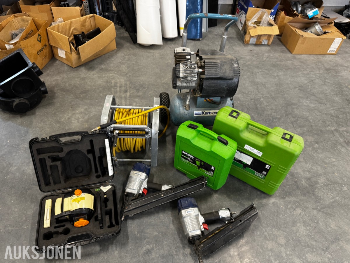 Verktøypakke kompressor, slange, spikerpistoler, laser