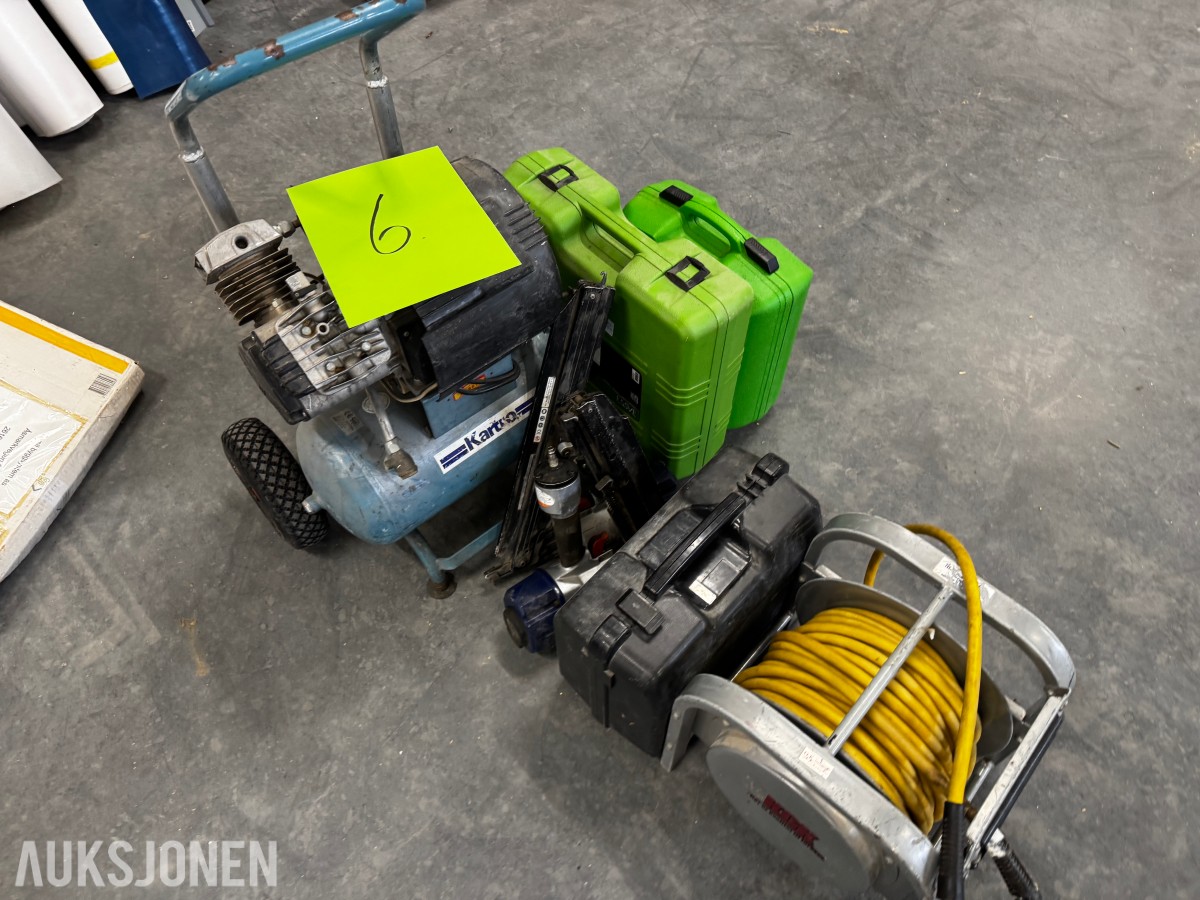 Verktøypakke kompressor, slange, spikerpistoler, laser