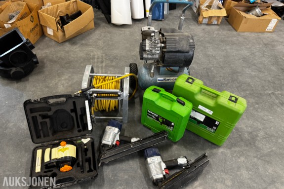 Verktøypakke kompressor, slange, spikerpistoler, laser