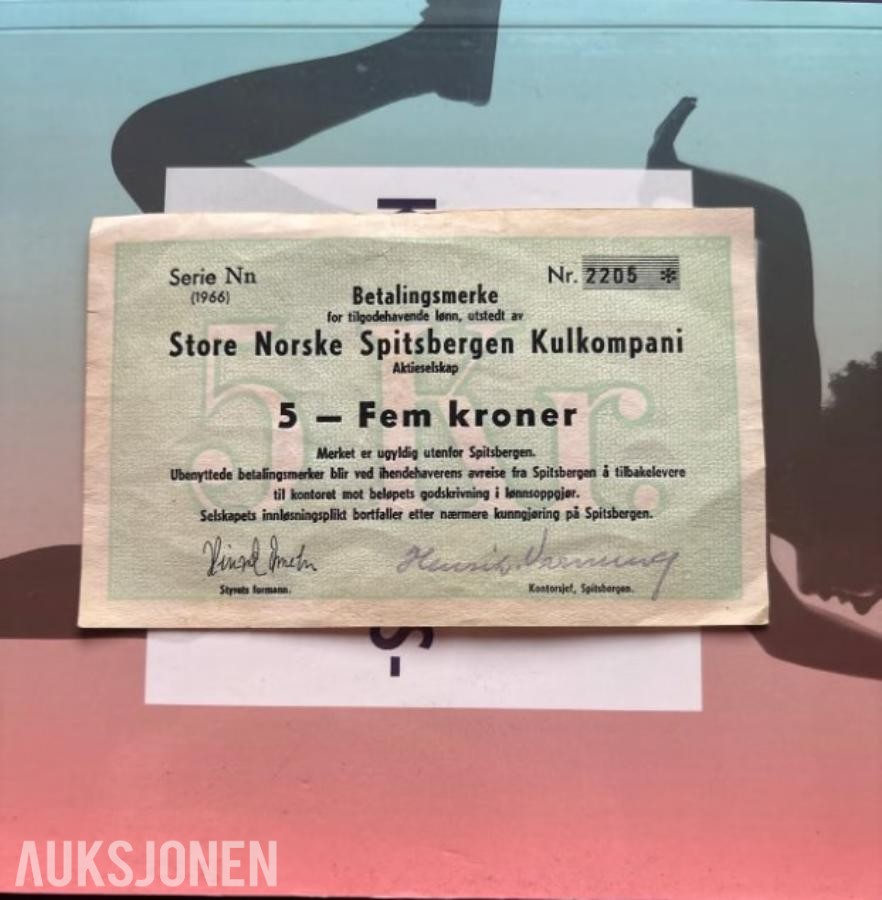 1966 Store Norske Spitsbergen Kulkompani 5 kroner seddel