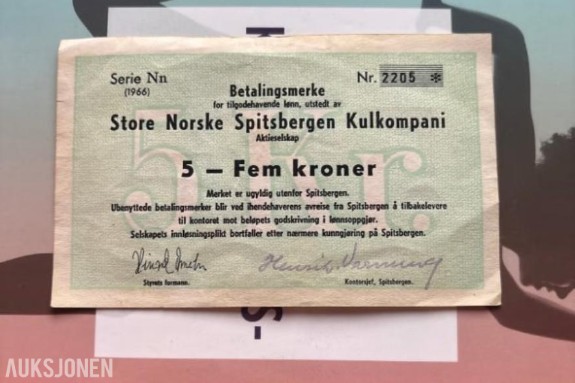 1966 Store Norske Spitsbergen Kulkompani 5 kroner seddel