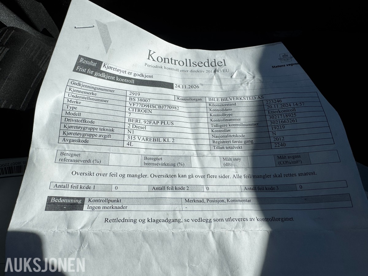 2012 Citroen BERLINGO 1.6-90 D HENGERFESTE 3-SETER