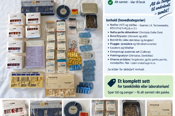 Parti med endodontisk og odontologisk utstyr – Dentsply, Quantec, Coltene, RTD m.fl.