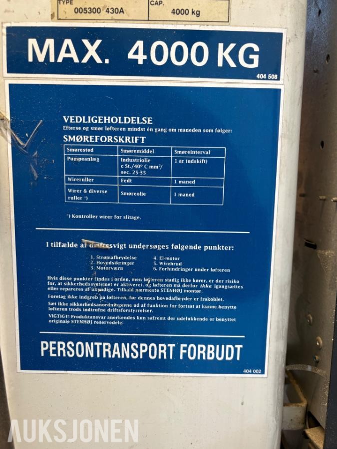 2009 Stenhøj Major 4000kg løftebukk