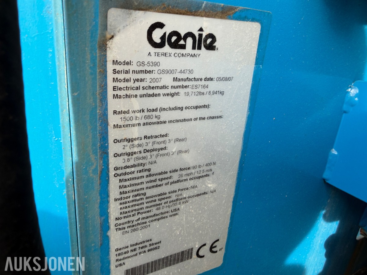 2007 Genie GS-5390 Sakselift - 1571 timer