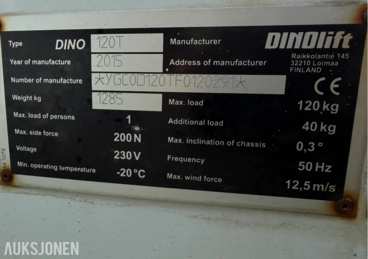 2015 Dino 120T-Tilhengerlift m/Støttebein