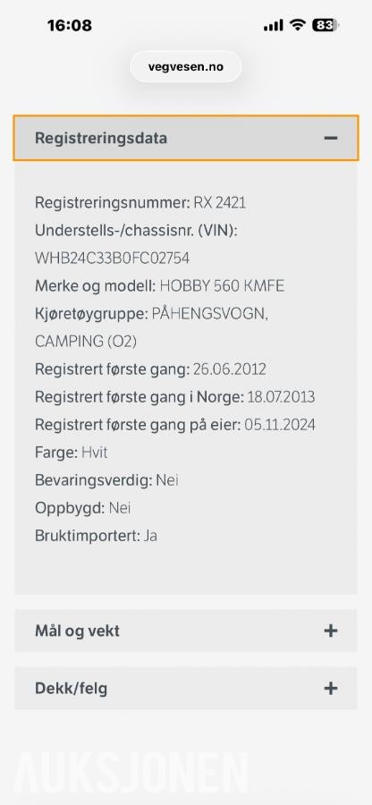 2012 Hobby 560 De Luxe campingvogn