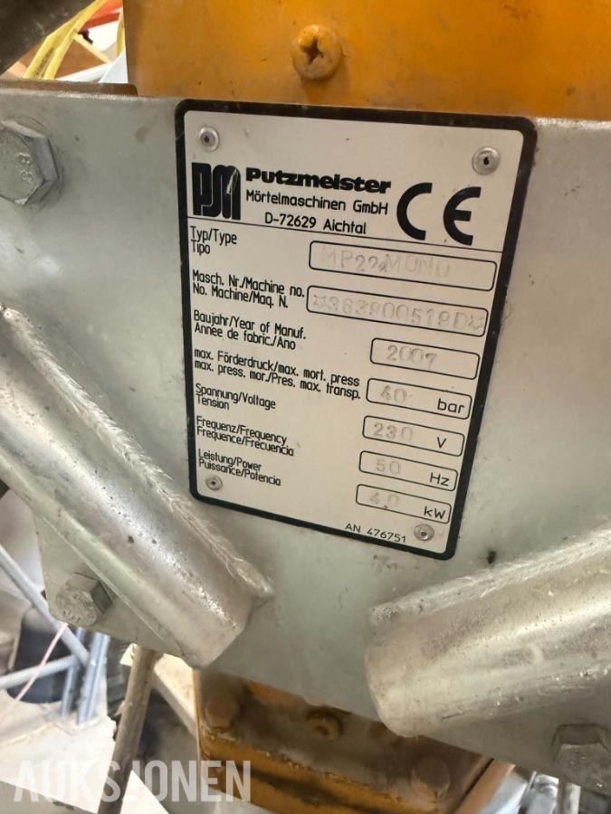 2007 Putzmeister MP22 Mono mørtelpumpe, 230 V, slanger og kabler