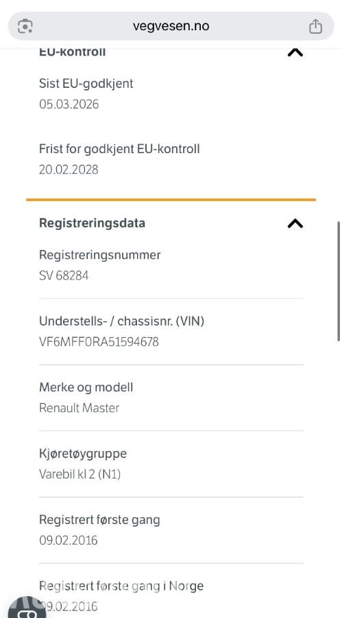 2016 Renault Master 2.3D CAMPERVAN / ISOLERT VAREBIL EU-OK 02.28 LAV KM