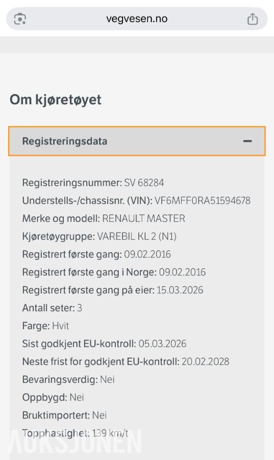 2016 Renault Master 2.3D CAMPERVAN / ISOLERT VAREBIL EU-OK 02.28 LAV KM