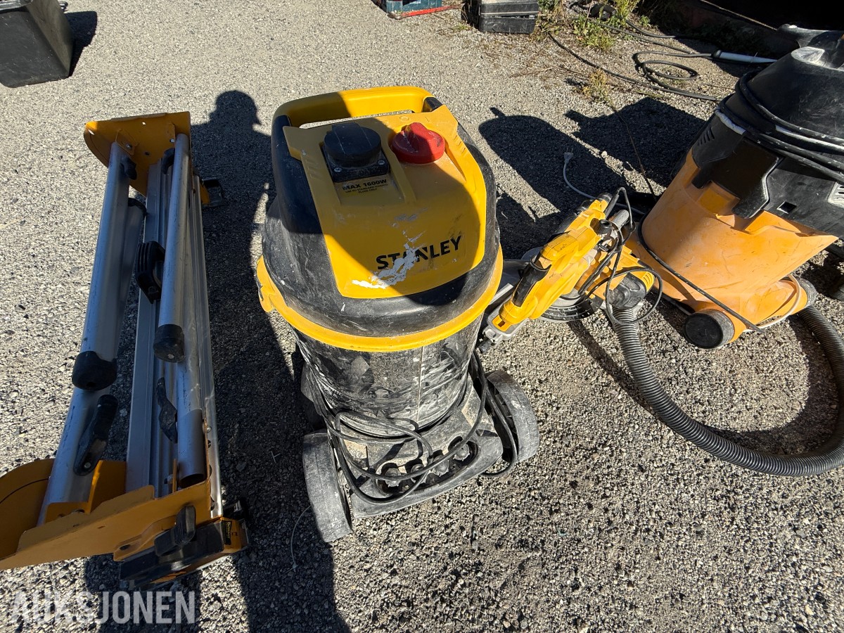 DeWalt verktøypakke med bordsag, kapp-/gjærsag, støvsugere og arbeidsstativ