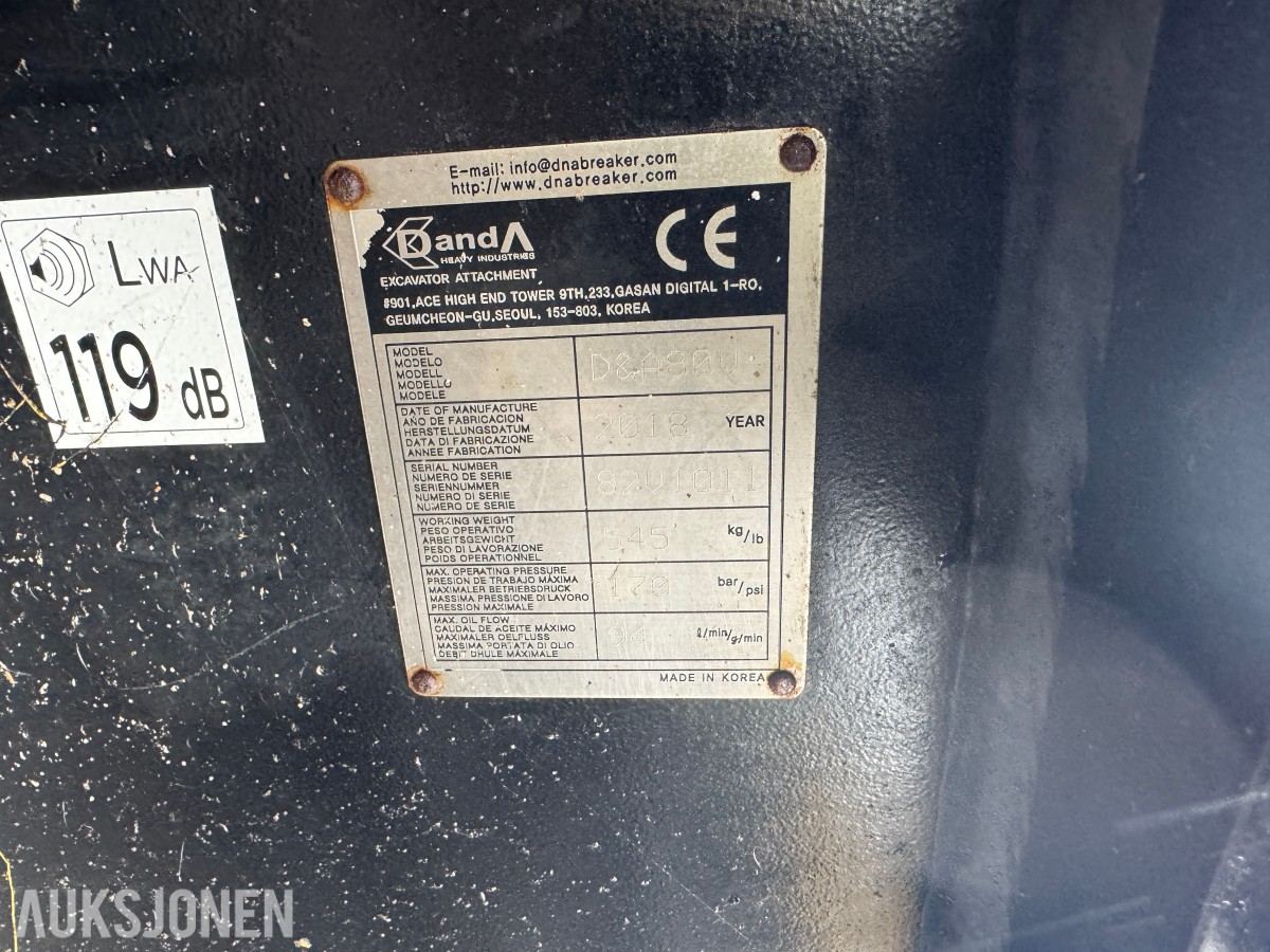 2018 DandA 80V hydraulisk hammer med S60-feste