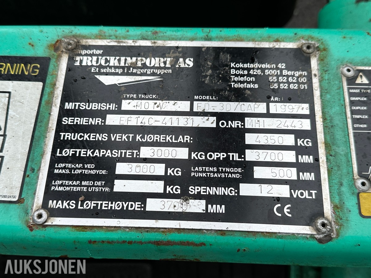 1997 Mitsubishi FD30CAP Gaffeltruck, 3 000 kg, 6 244 timer