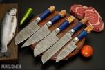 Håndlaget kjøkkenknivsett – 5 kniver Damaskus stål med lærmappe
