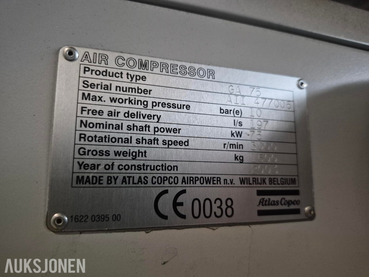 2003 Atlas Copco GA 75 kompressoranlegg