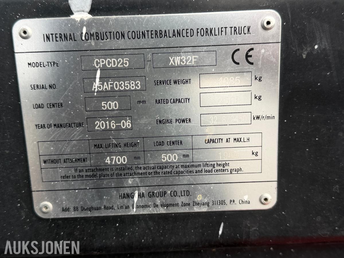 2016 Hangcha CPCD25 truck - 2500kg løftekapasitet