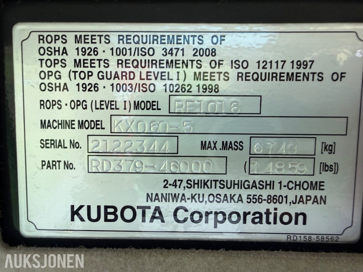 2021 mod. Kubota KX060-5, Engcon, sentralsmørning, 3329 timer ++