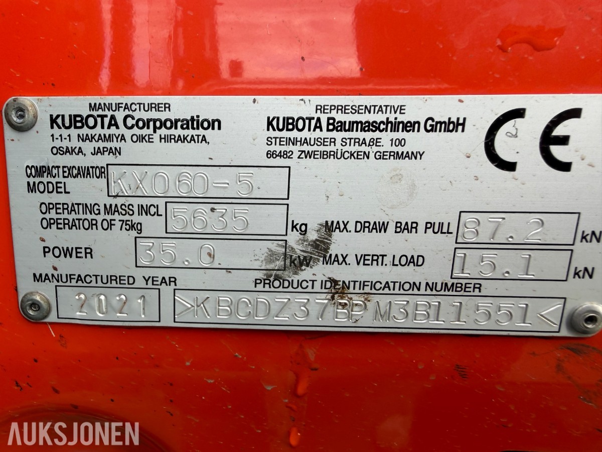 2021 mod. Kubota KX060-5, Engcon, sentralsmørning, 3329 timer ++