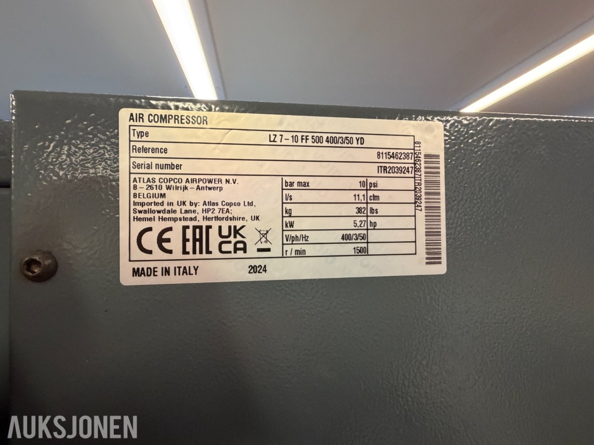 Atlas Copco LZ 7–10 FF 500 komplett trykkluftanlegg 2024 Modell