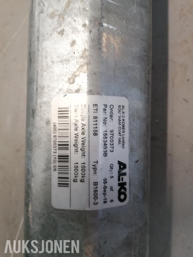 Helt ny 1500 kg Al-Ko aksling uten bremsetrommler 
