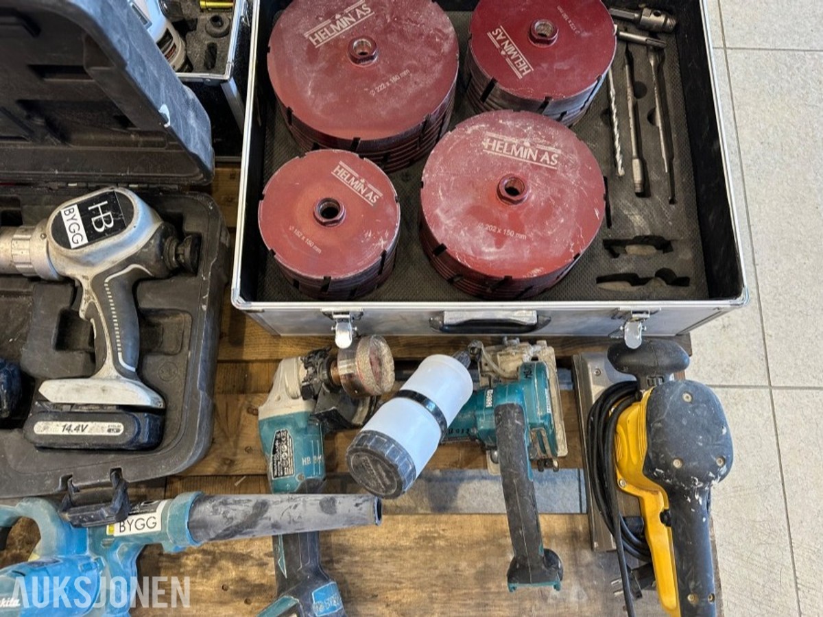 Verktøyparti med Makita, kjernebor og batteriverktøy
