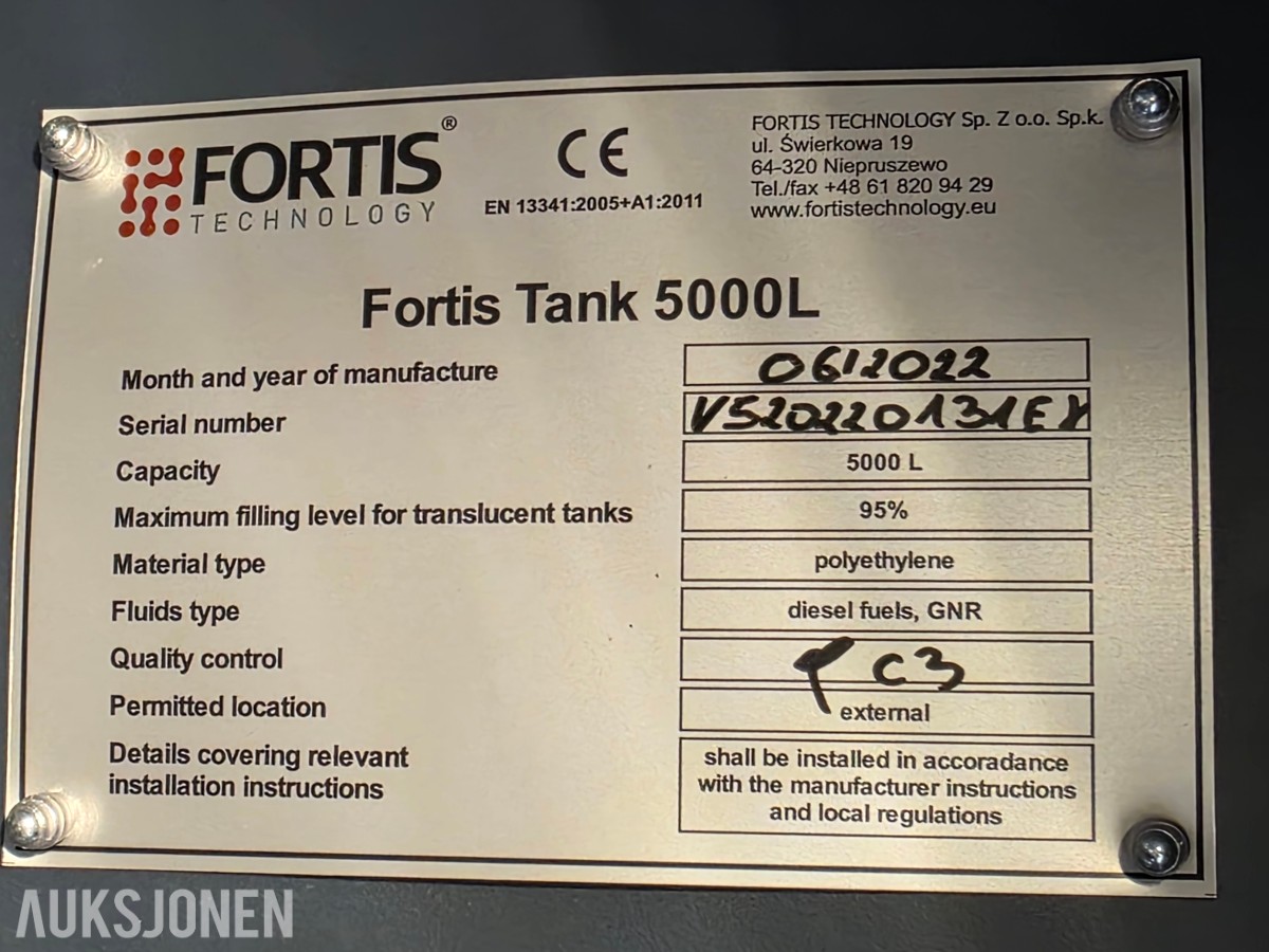 2022 Fortis 5000 liter dieseltank, 2200 liter blank diesel