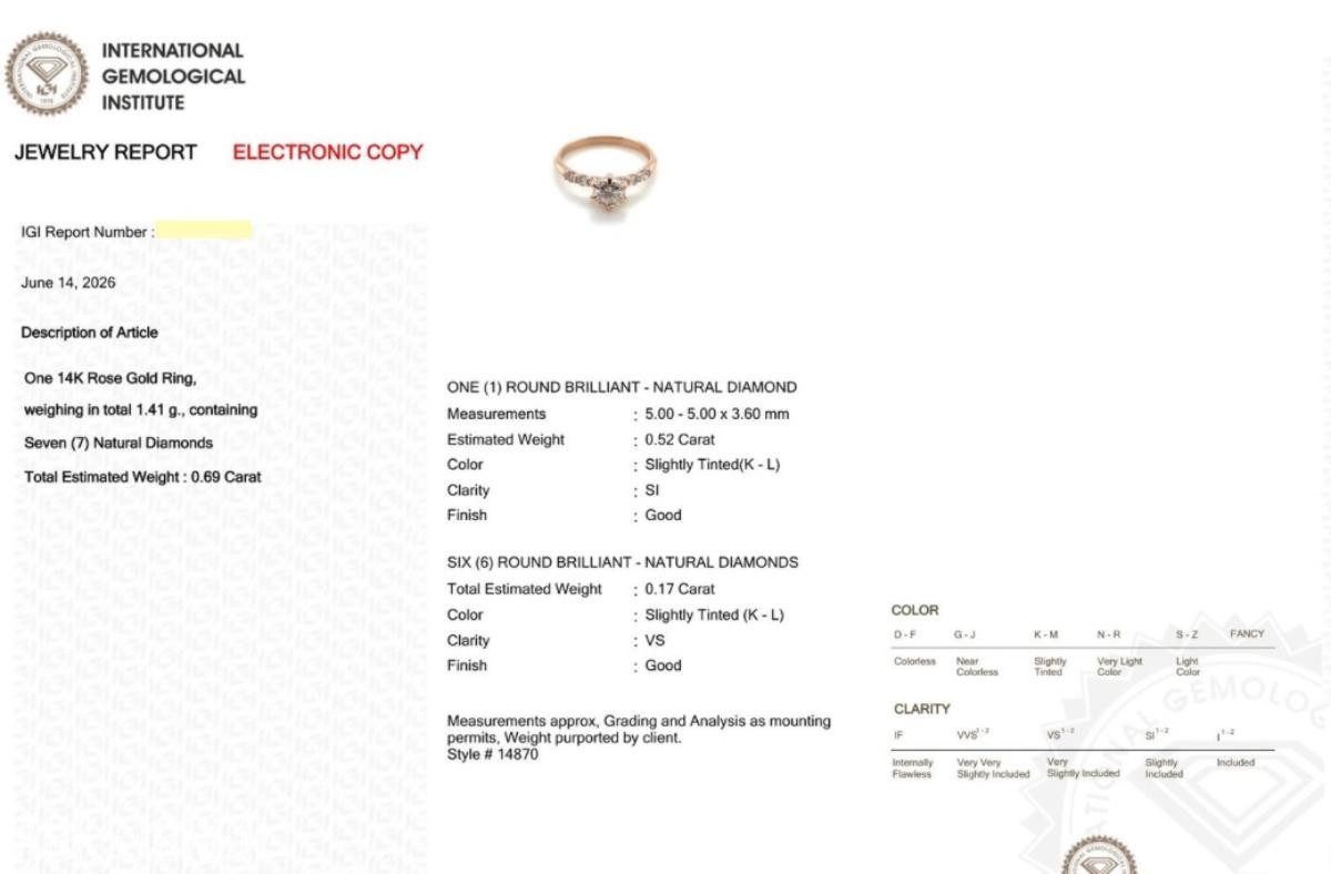 0.69CT DIAMANTRING I 14K GULL. NATURLIGE DIAMANTER! TAKSTBREV OG SERTIFIKAT!