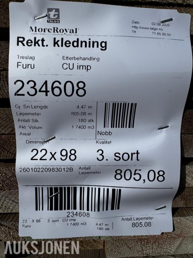 CU impregnert Rektangulær kledning - Furu 22x98 - 1 pakke - Totalt 805 meter